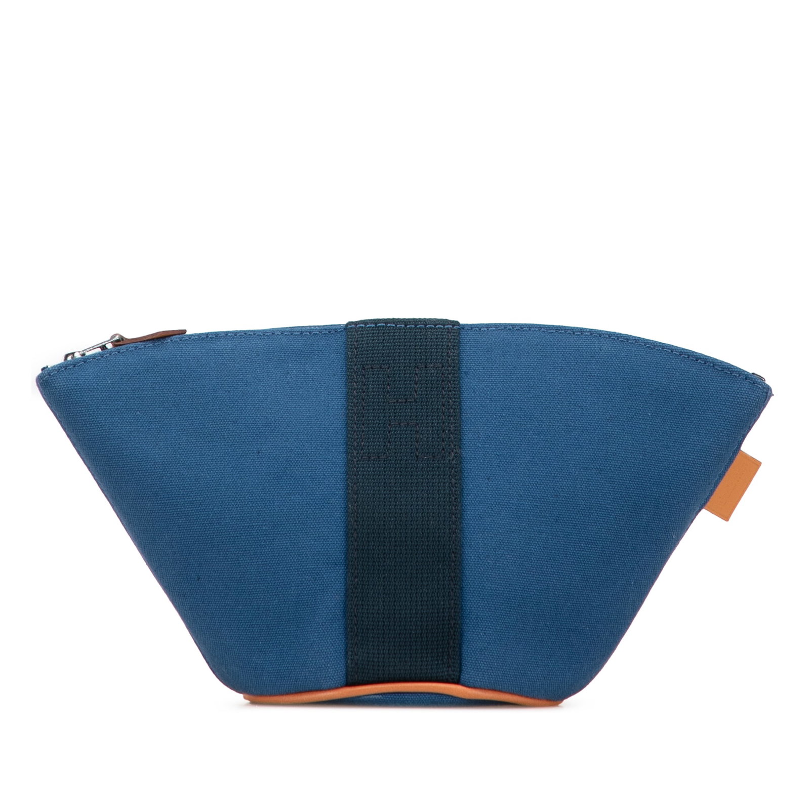 Hermes Mini Toile Palmyre Blue Pouch with Leather Trim: Hermes Mini Toile Palmyre Blue Pouch with Leather Trim The Hermes Mini Toile Palmyre Pouch is a stylish and functional accessory crafted from durable canvas with elegant leather trim. This pouch featu