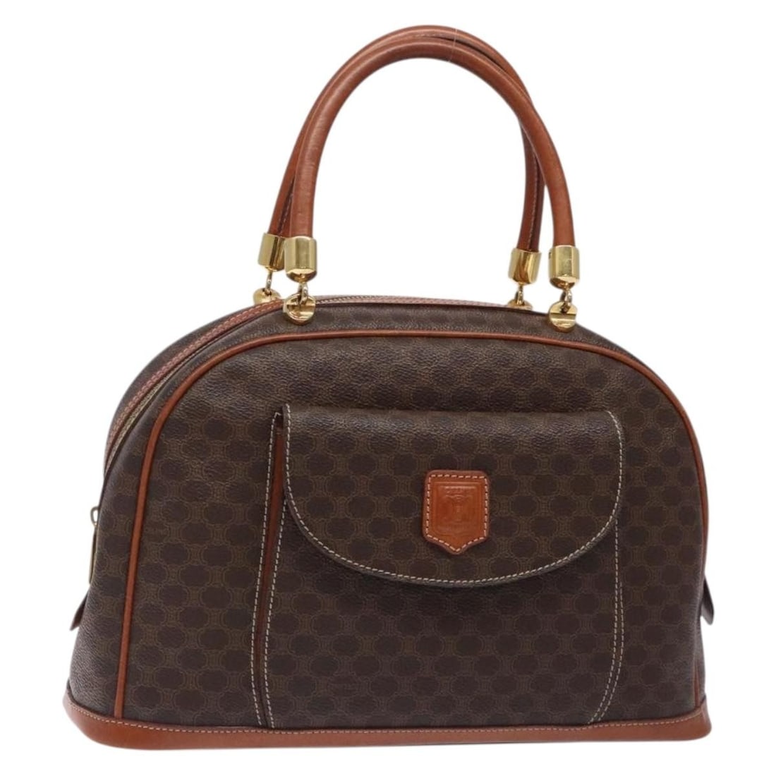 CELINE Macadam Canvas PVC Leather Handbag Brown Gold: CELINE Macadam Canvas PVC Leather Handbag Brown Gold CELINE hand bag made in Italy, crafted from PVC leather and Macadam canvas in brown/gold. It features a handle drop of approximately 4.7 inches (12