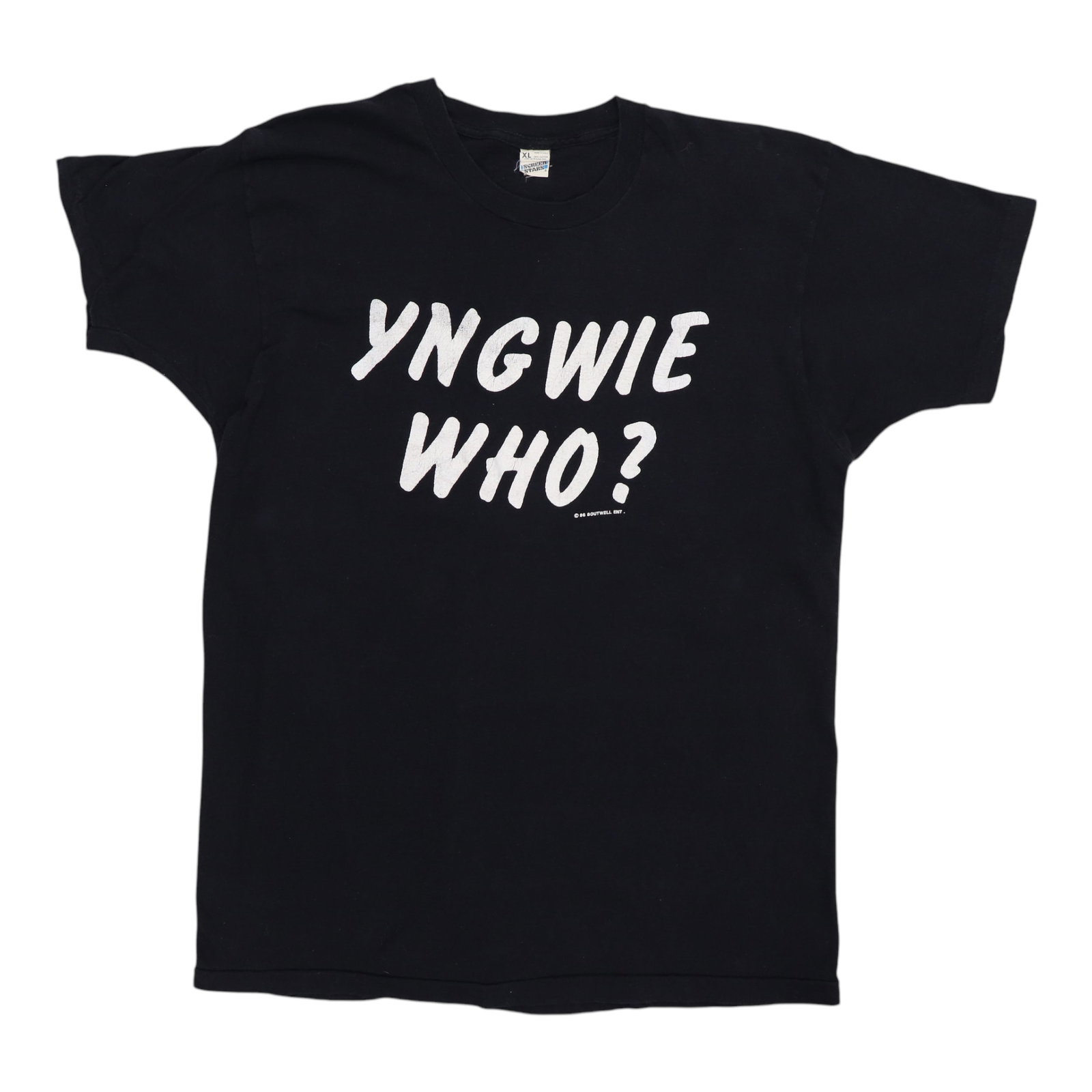 Vintage 1986 Yngwie Malmsteen Thats Who Black T Shirt XL: Vintage 1986 Yngwie Malmsteen Thats Who Black T Shirt XL Authentic original vintage 1986 Yngwie Fucking Malmsteen "That's Who" shirt with front and back graphics. This is a true vintage shirt, not a m