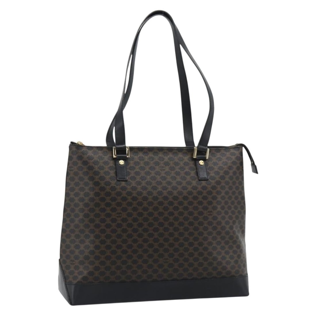 CELINE Macadam Tote Bag Black PVC Leather Gold Tone: CELINE Macadam Tote Bag Black PVC Leather Gold Tone CELINE Macadam canvas tote bag crafted in PVC leather with a black and gold colorway. Made in Italy, this women's tote features a spacious everyday 