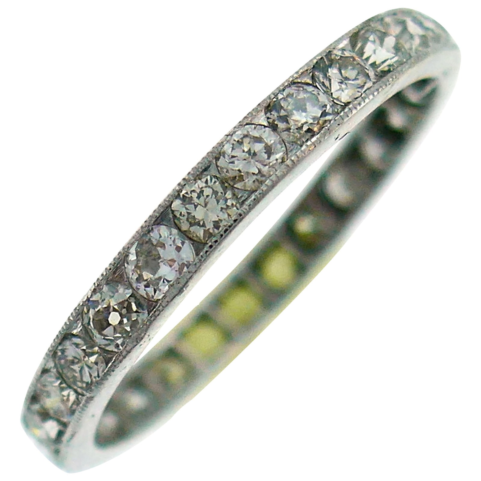 Platinum eternity band ring with old European cut diamonds Art Deco size 7.5: Platinum eternity band ring with old European cut diamonds Art Deco size 7.5 Art Deco platinum eternity band ring set with twenty-eight white diamonds in Old European cut. The band dates to the 1920s 