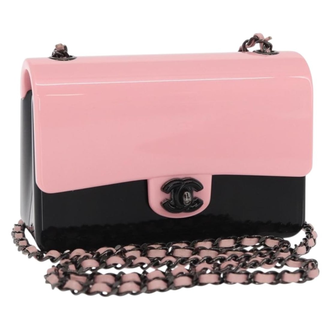 Black and Pink Plexi Chain Shoulder Bag by CHANEL with CC Logo: Black and Pink Plexi Chain Shoulder Bag by CHANEL with CC Logo This CHANEL chain evening shoulder bag features a striking black and pink plexi exterior with the iconic CC logo. Crafted in Italy, the b