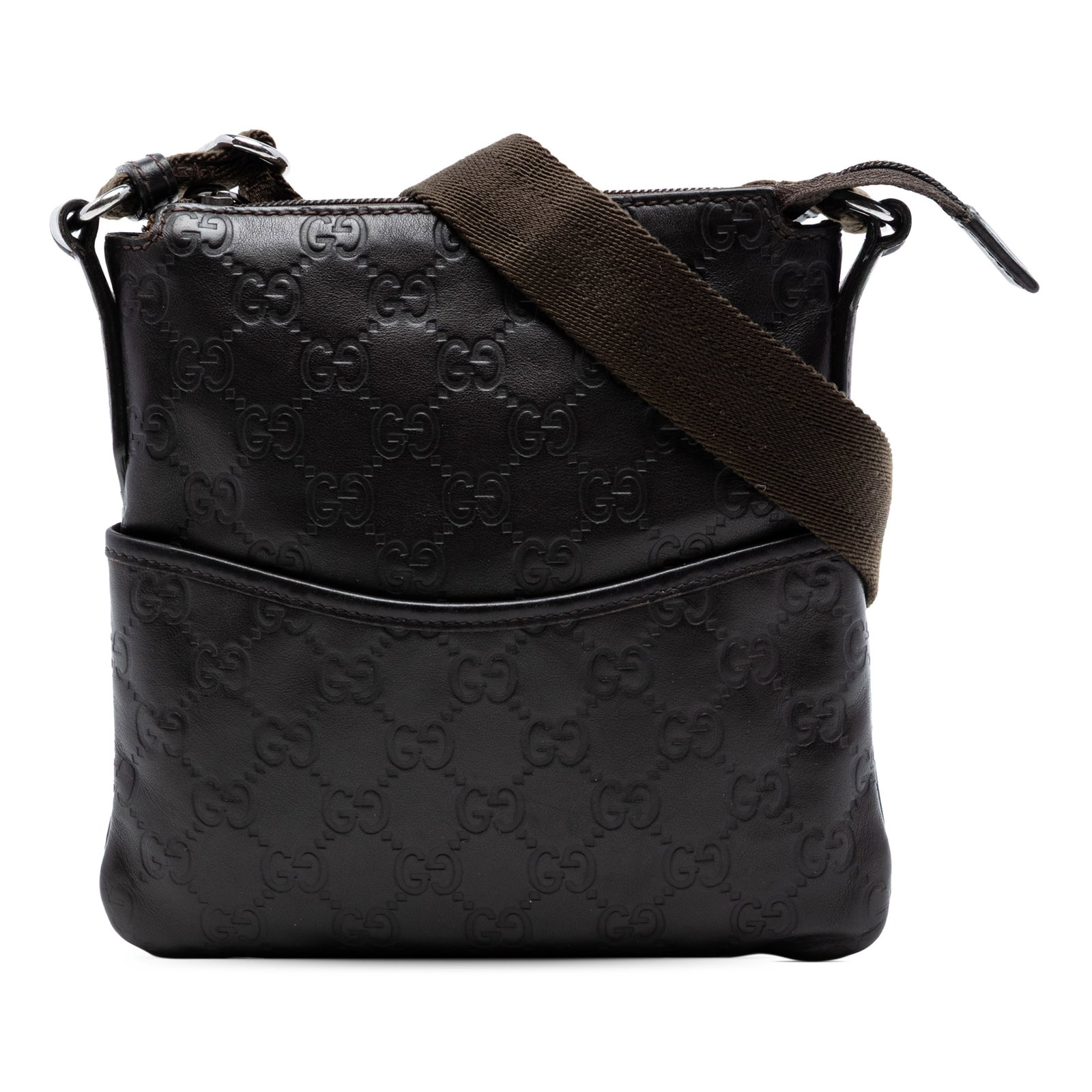 Gucci Guccissima leather crossbody bag brown: Gucci Guccissima leather crossbody bag brown This Guccissima Crossbody bag features a brown embossed leather exterior, an adjustable flat strap for comfortable wear, a secure top zip closure, an exter