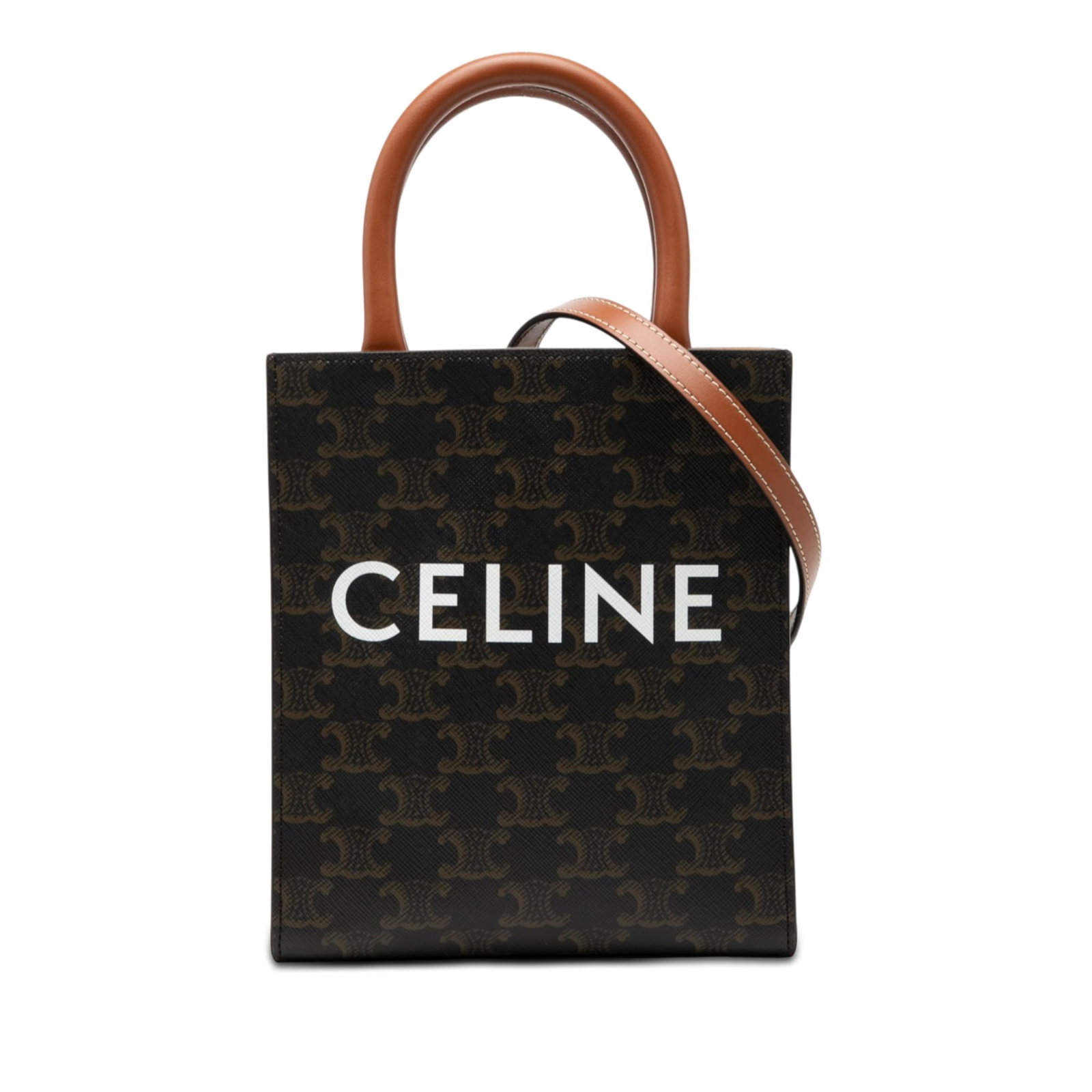 Celine Vertical Cabas Mini Triomphe Coated Canvas Satchel: Celine Vertical Cabas Mini Triomphe Coated Canvas Satchel This Celine Mini Triomphe Vertical Cabas satchel is crafted with a coated canvas body, rolled leather handles, a detachable flat leather strap