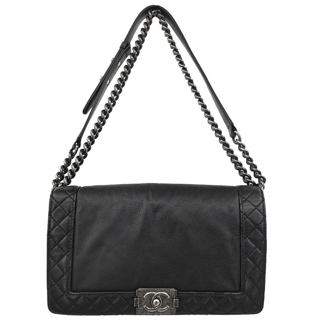 Chanel Boy Medium Shoulder Bag Black Lambskin Quilted Push Lock: Chanel Boy Medium Shoulder Bag Black Lambskin Quilted Push Lock Vintage Chanel Boy Medium shoulder bag in black lambskin with a push-lock closure and chain shoulder strap. The bag features a fabric li