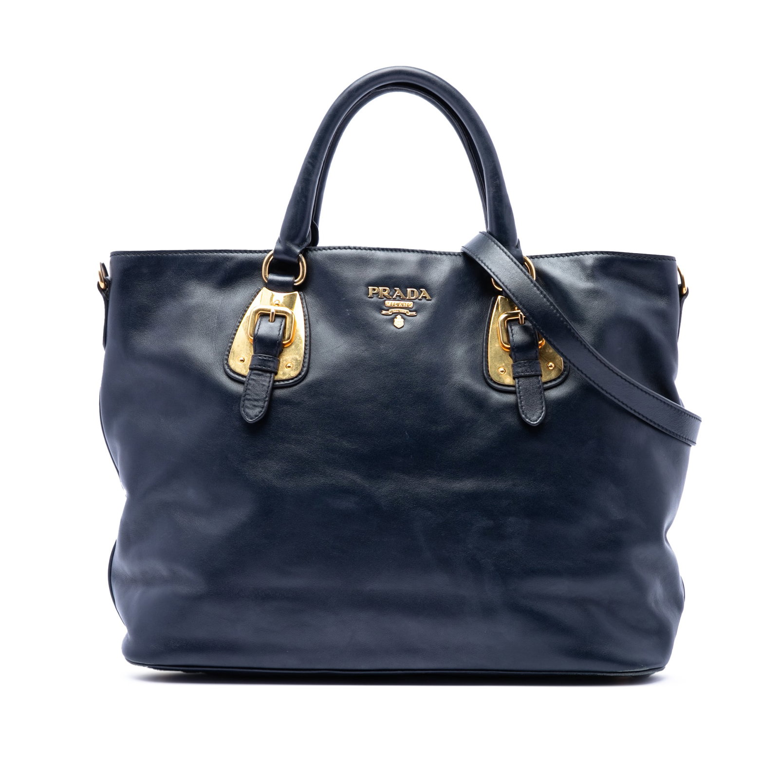 Prada Soft Calfskin Convertible Shopping Tote Blue Leather Bag: Prada Soft Calfskin Convertible Shopping Tote Blue Leather Bag Prada Soft Calfskin Open Convertible Shopping Tote in blue leather. This satchel-style bag features rolled leather handles, a detachable 
