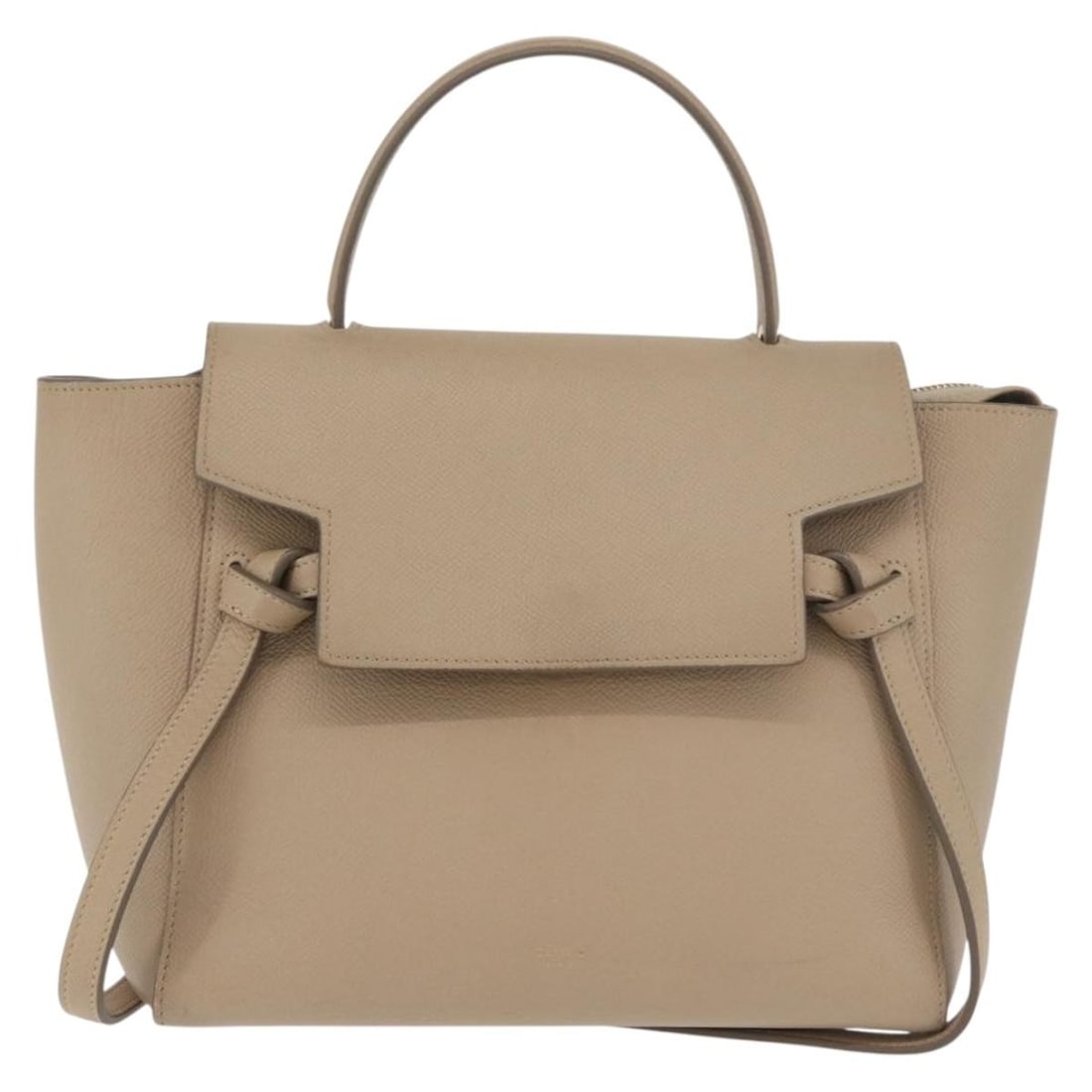 Celine Belt Beige Leather Handbag 24cm x 21cm x 14cm: Celine Belt Beige Leather Handbag 24cm x 21cm x 14cm Celine Belt handbag in beige leather. This women's bag is in good condition with visible wear, including rubbing, staining, and some loss of shape.