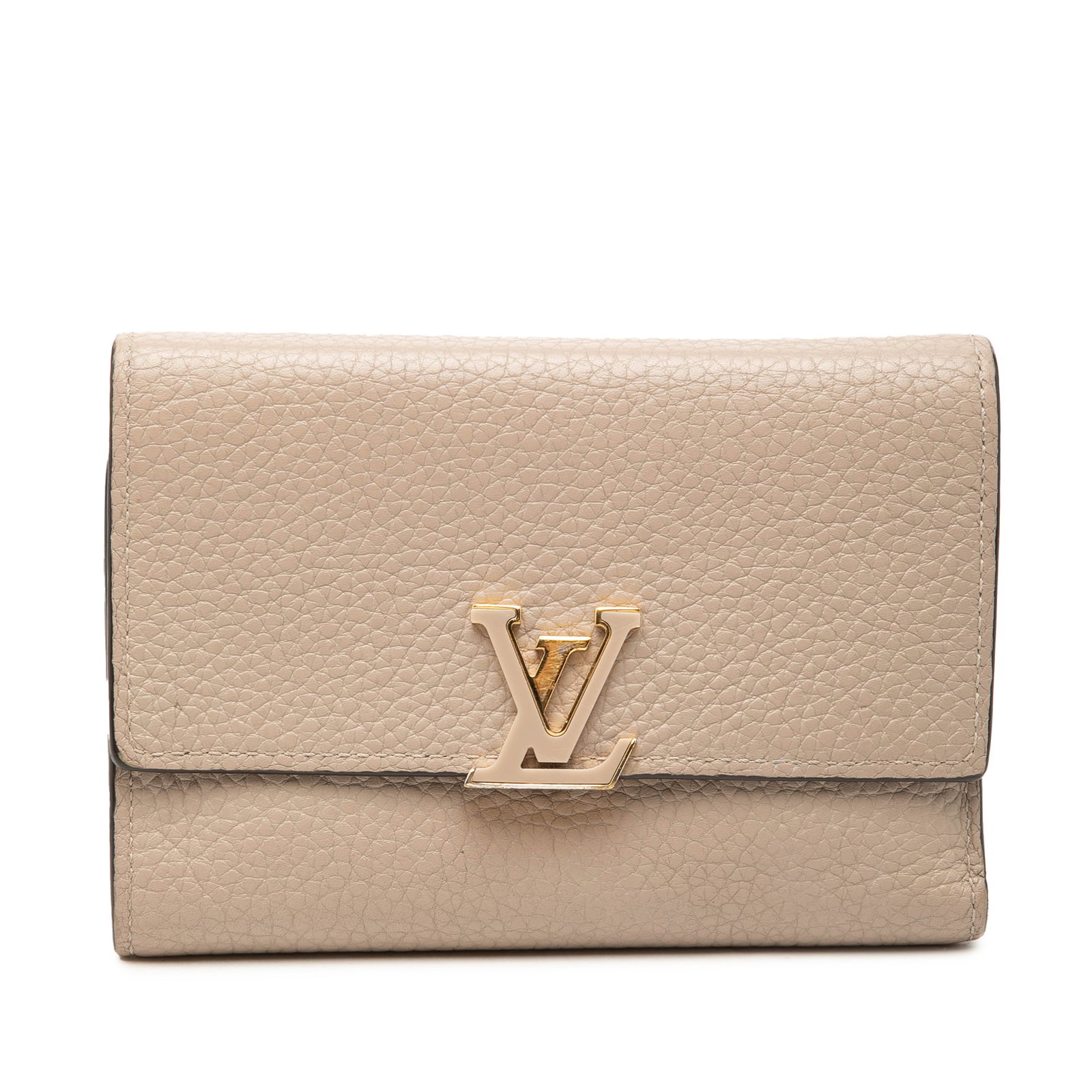 Louis Vuitton Taurillon Capucines Leather Compact Wallet Beige: Louis Vuitton Taurillon Capucines Leather Compact Wallet Beige Louis Vuitton Taurillon Capucines Compact Wallet in beige leather with a front flap and push clasp closure. The interior includes zip and
