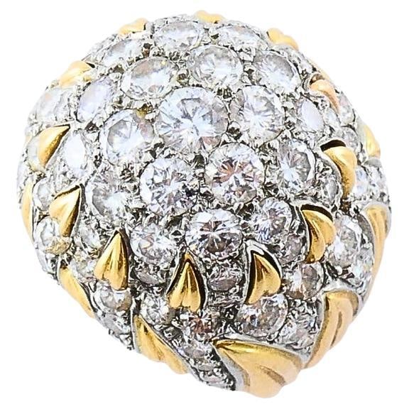 1970s 14k Yellow Gold Diamond Dome Cocktail Ring Floral Motif Size 6: 1970s 14k Yellow Gold Diamond Dome Cocktail Ring Floral Motif Size 6 Vintage 1970s cocktail ring in 14k yellow gold with a bold floral dome design and round-cut diamonds. The pave-set diamonds are arr