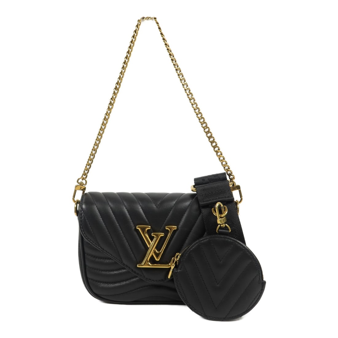 Louis Vuitton New Wave M56461 2 Way Shoulder Bag Black Calfskin: Louis Vuitton New Wave M56461 2 Way Shoulder Bag Black Calfskin Louis Vuitton New Wave 2-way shoulder bag in black calfskin leather. This women's bag features a compact structured design with a magnet