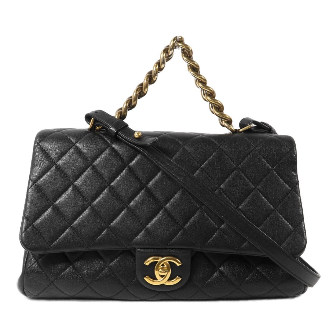 CHANEL Trapezio 2 Way Shoulder Flap Bag Black Calfskin: CHANEL Trapezio 2 Way Shoulder Flap Bag Black Calfskin Black CHANEL Trapezio flap bag in calfskin leather with a 2-way shoulder design. This women's bag features the CC GHW detail, a turn-lock closure
