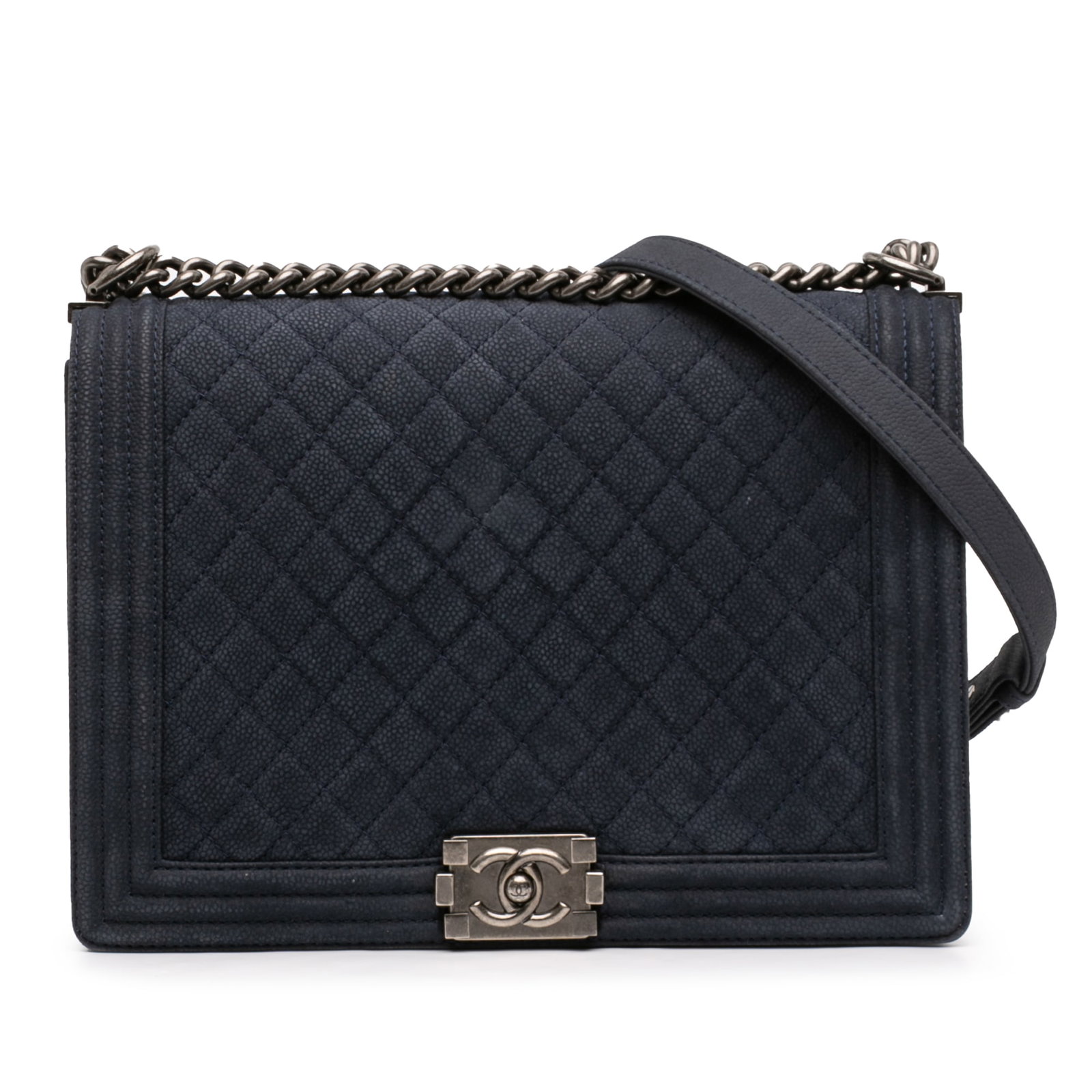 Chanel Boy Flap blue caviar leather chain bag: Chanel Boy Flap blue caviar leather chain bag This Chanel Large Iridescent Quilted Caviar Boy Flap bag features a caviar leather body in blue, complemented by a flat leather strap with chain in ruthen