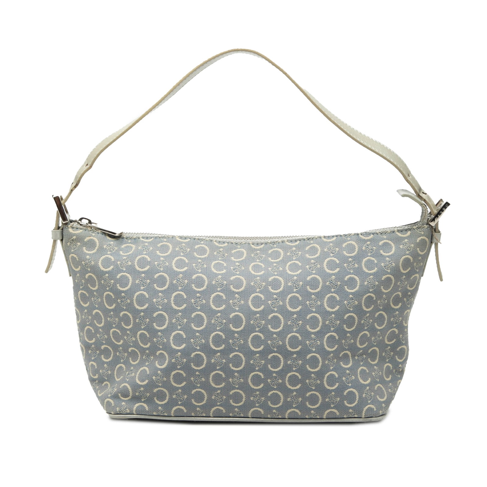 Celine C Macadam Blue Canvas Handbag with Leather Trim: Celine C Macadam Blue Canvas Handbag with Leather Trim Celine C Macadam Canvas Handbag made in Italy, designed with a canvas body, leather trim, a flat leather handle, a top zip closure, and an interi