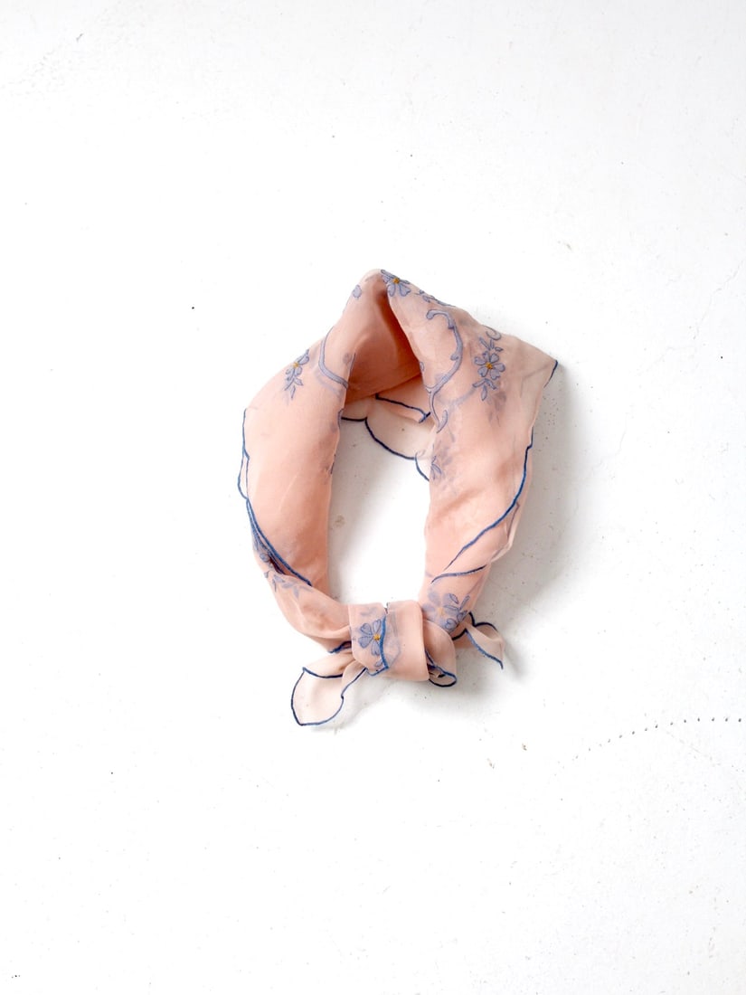 Vintage Sheer Pink Embroidered Floral Scarf 29.5 x 30 Inches (1 of 8)