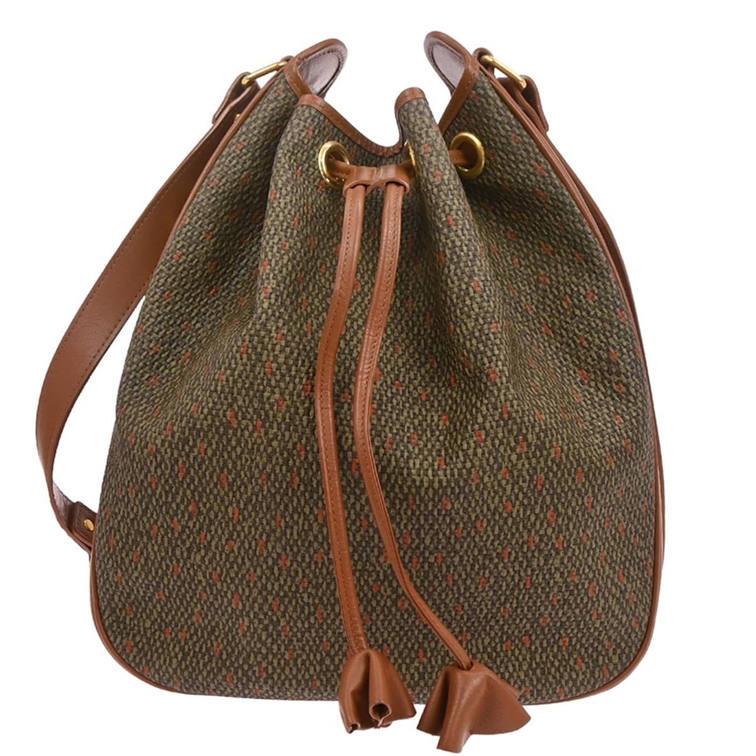 Saint Laurent Brown PVC Leather Drawstring Shoulder Bag: Saint Laurent Brown PVC Leather Drawstring Shoulder Bag Yves Saint Laurent brown bucket-style shoulder bag with a drawstring closure and logo accents. This medium bag is made of PVC and leather with a
