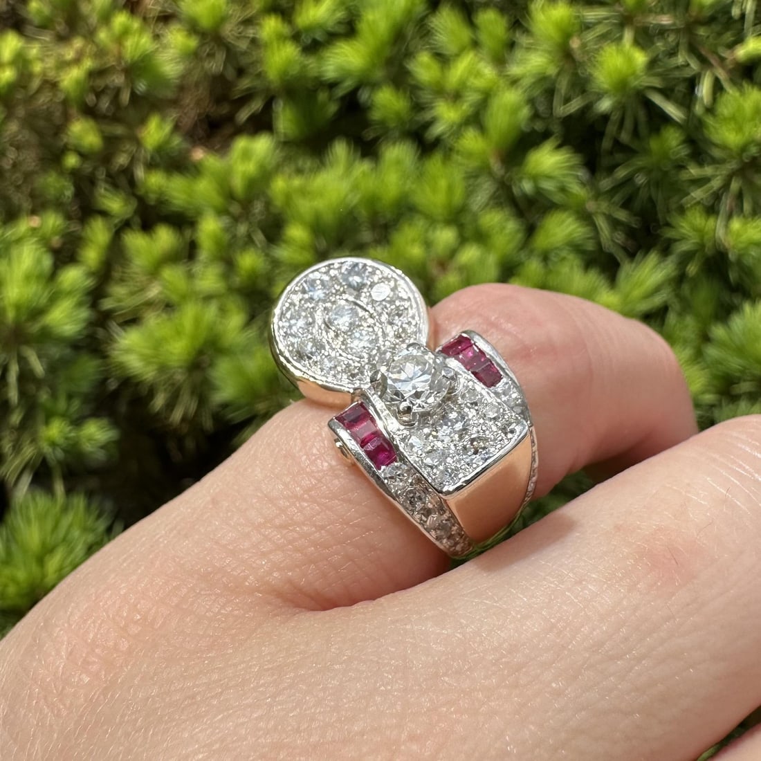 Retro 14k Yellow Gold Platinum Diamond and Ruby Women's Band Ring Size 3.5 (1 of 17)