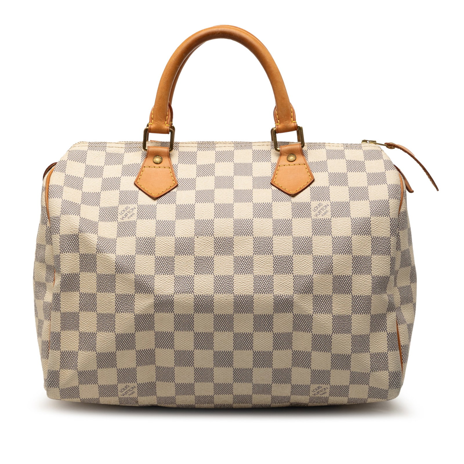 Louis Vuitton Speedy 30 Damier Azur handbag: Louis Vuitton Speedy 30 Damier Azur handbag Louis Vuitton Damier Azur Speedy 30 handbag with a damier azur canvas body, rolled vachetta leather handles, top zip closure, and an interior slip pocket. M