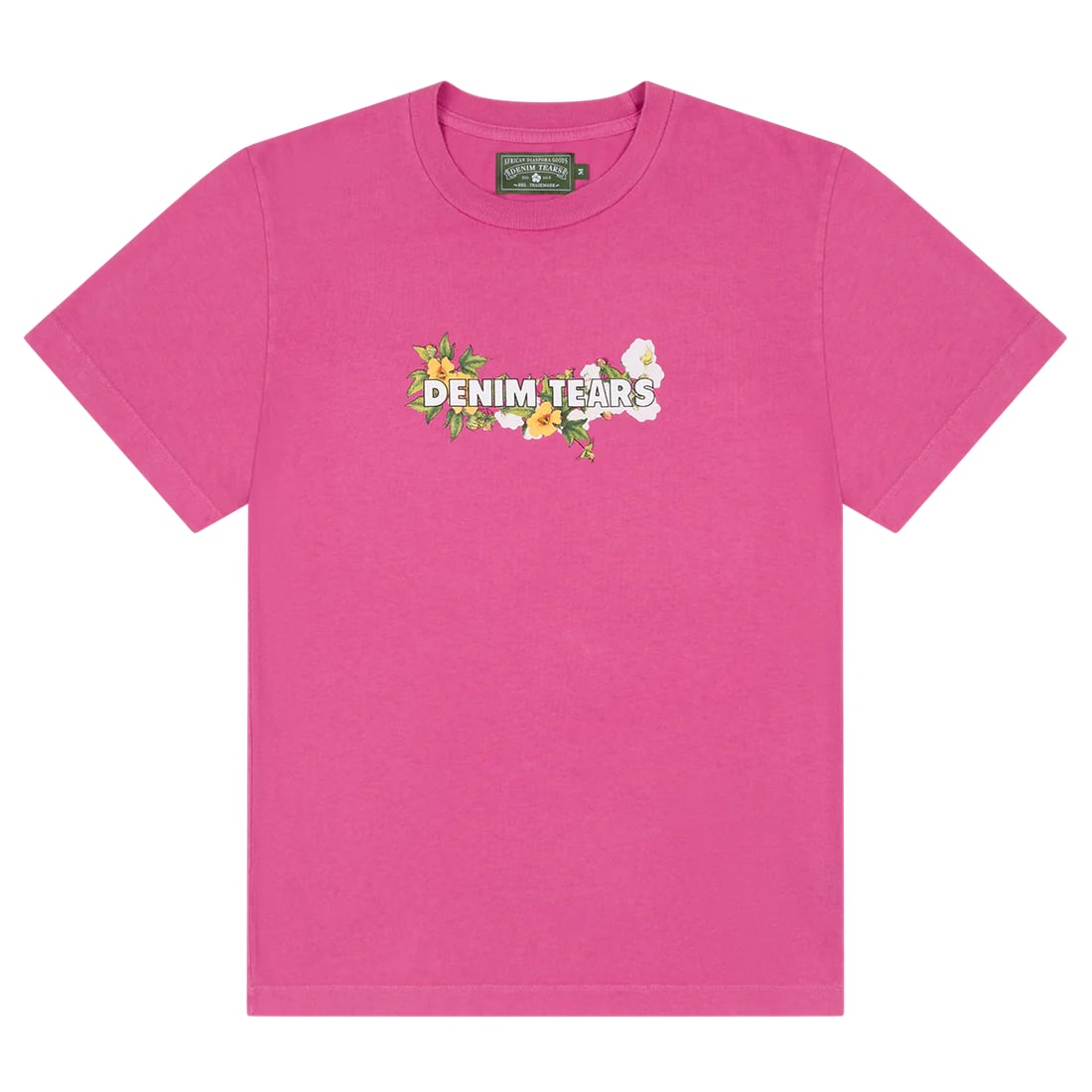 Denim Tears Floral Logo T Shirt Pink Cotton Large: Denim Tears Floral Logo T Shirt Pink Cotton Large Denim Tears pink floral logo tee in soft cotton with a classic crewneck fit. This unisex T-shirt features the floral logo graphic printed on the front
