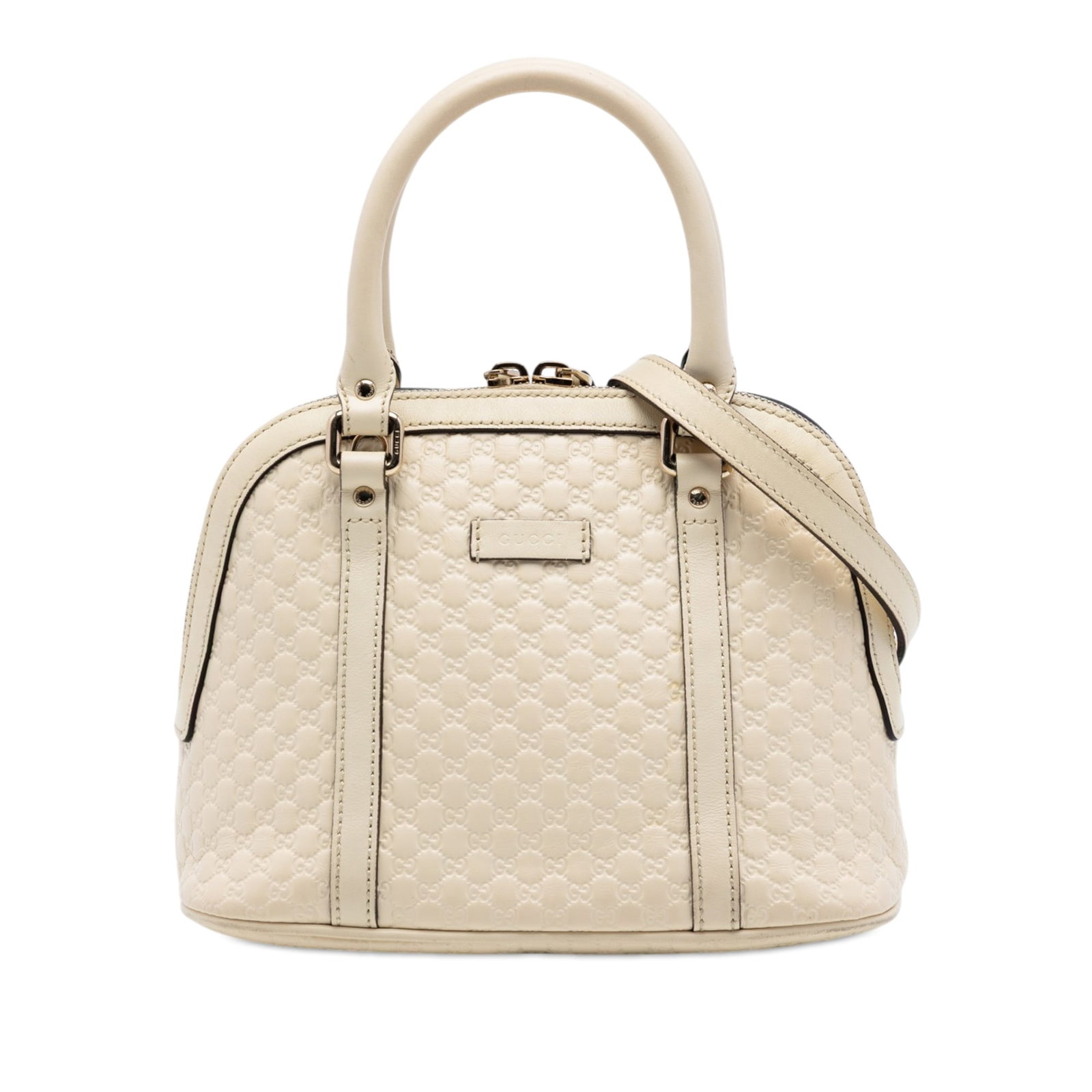 Gucci Mini Microguccissima White Leather Dome Satchel: Gucci Mini Microguccissima White Leather Dome Satchel This Gucci Mini Microguccissima Dome Satchel is crafted from embossed leather and features rolled leather handles, an adjustable and detachable fl