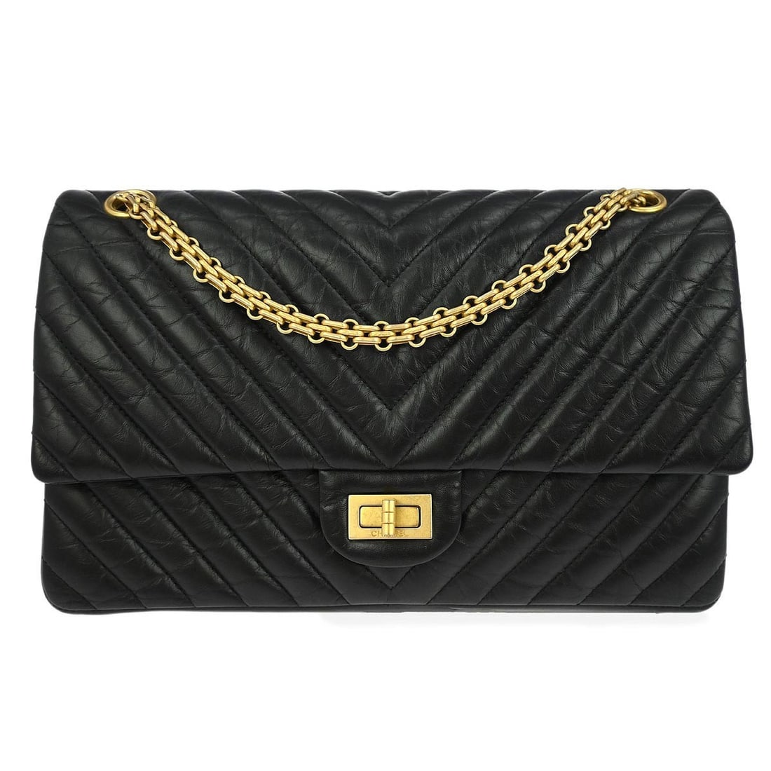 CHANEL Classic Double Flap Medium Shoulder Bag Black Chevron Calfskin: CHANEL Classic Double Flap Medium Shoulder Bag Black Chevron Calfskin Chanel Chevron Classic Double Flap shoulder bag in black calfskin with a turn-lock closure and shoulder strap. This medium bag is 