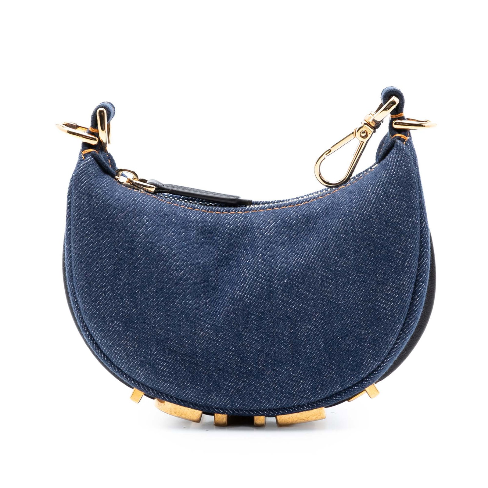 Fendi Nano Fendigraphy denim hobo bag gold tone handle: Fendi Nano Fendigraphy denim hobo bag gold tone handle This Nano Denim Fendigraphy Hobo showcases a denim fabric body with a detachable gold tone clip handle and a convenient top zip closure. The bag 