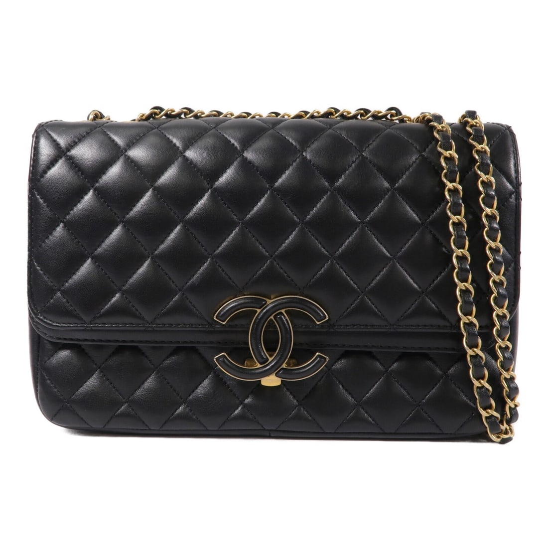 CHANEL A57276 Flap Chain Shoulder Bag Black Lambskin CC Logo: CHANEL A57276 Flap Chain Shoulder Bag Black Lambskin CC Logo A CHANEL shoulder bag in black lambskin (sheep leather) with CC logo and gold-tone hardware. It features a flap closure, one inside open po