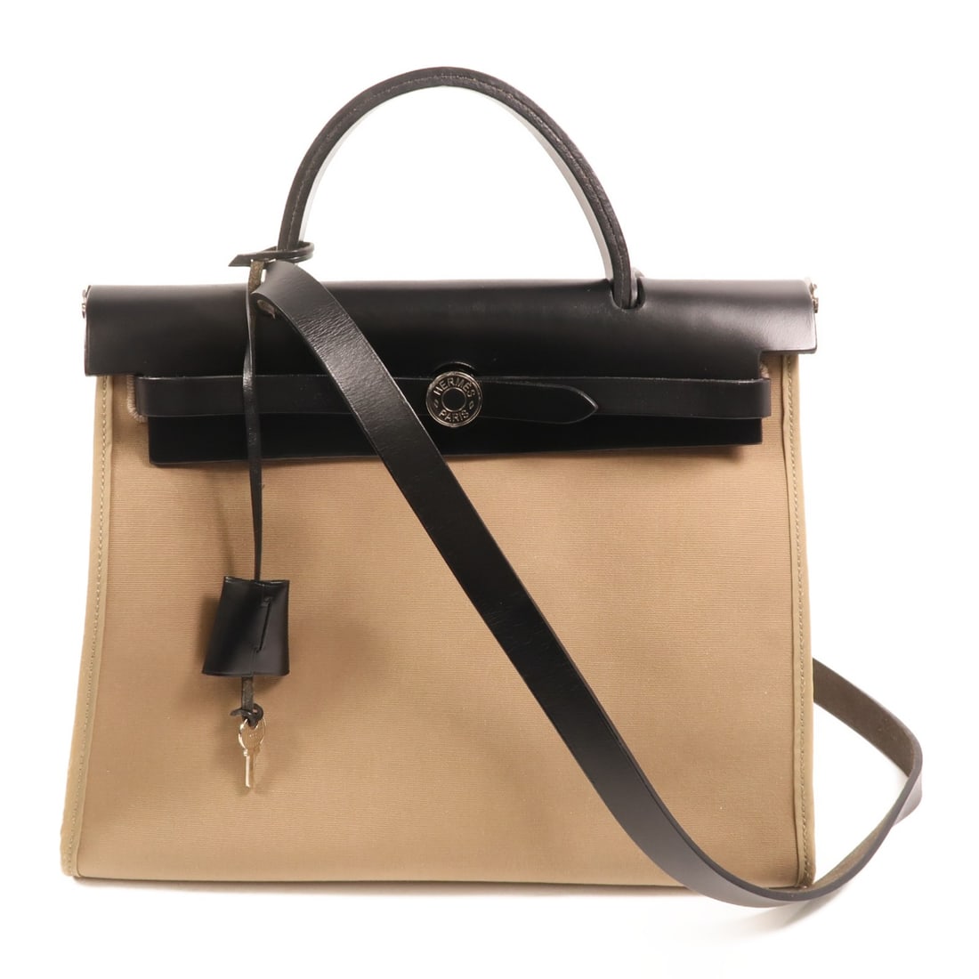 Hermes Herbag PM canvas 2 way shoulder bag Etoupe PHW: Hermes Herbag PM canvas 2 way shoulder bag Etoupe PHW Hermes Herbag PM 2-way shoulder bag in canvas with an Etoupe grey, beige, and black color combination. This unisex bag is made in France and featu