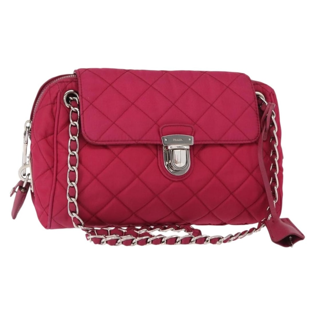 PRADA Pink Nylon Shoulder Bag with Chain Strap Padlock and Keys: PRADA Pink Nylon Shoulder Bag with Chain Strap Padlock and Keys Authentic Prada chain shoulder bag in pink nylon with silver-tone accents. This women's shoulder bag includes a padlock, two keys, and a