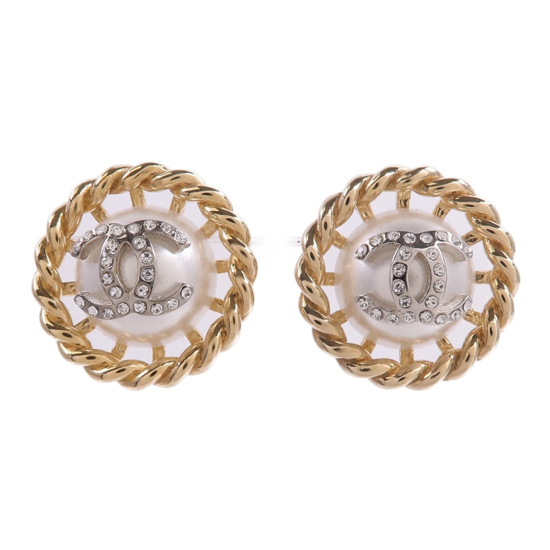 CHANEL CC Pierced Earrings White Gold Tone Metal Pair: CHANEL CC Pierced Earrings White Gold Tone Metal Pair CHANEL CC pierced earrings in white and gold-tone metal with a classic logo design. Includes a storage box. Condition is AB: Very Good. Specificat