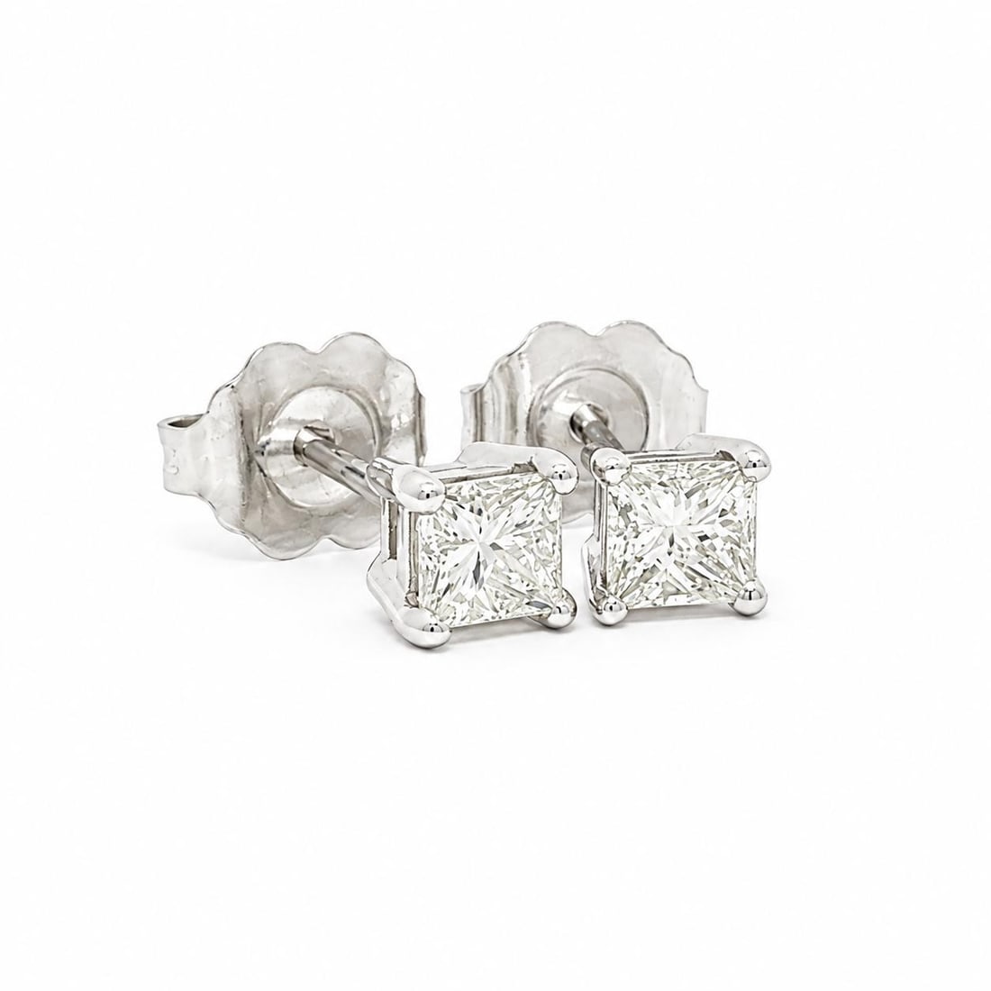 14k White Gold Princess Cut Diamond Stud Earrings 0.56ctw Pair (1 of 8)