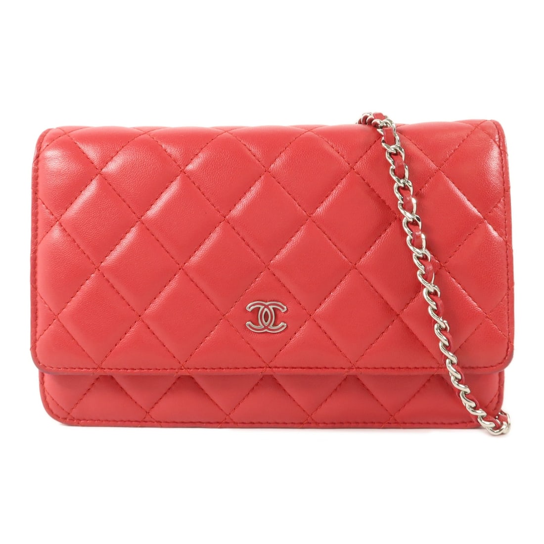 Chanel WOC Wallet on Chain Red Lambskin Shoulder Bag SHW: Chanel WOC Wallet on Chain Red Lambskin Shoulder Bag SHW CHANEL CC SHW WOC Wallet On Chain Shoulder Bag in red lambskin (sheep leather). This wallet-on-chain style features a hook button closure, mult