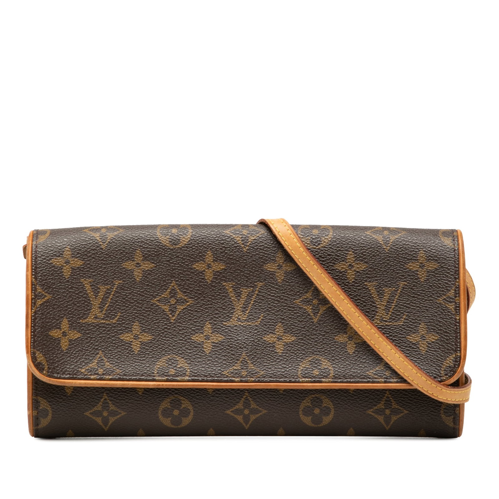 Louis Vuitton Pochette Twin GM Monogram Shoulder Bag: Louis Vuitton Pochette Twin GM Monogram Shoulder Bag Louis Vuitton Monogram Pochette Twin GM shoulder bag in brown monogram canvas with vachetta leather trim. It features a flat vachetta leather strap