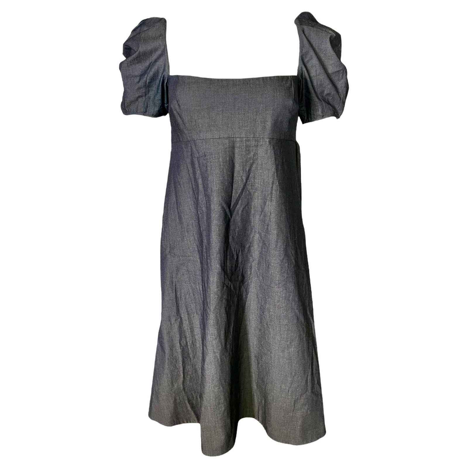 Brock Collection Size 4 Cotton Mini Dress in Blue: Brock Collection Size 4 Cotton Mini Dress in Blue Blue cotton mini dress by Brock Collection in a medium wash denim finish. It features short balloon sleeves, an above-the-knee length, a belted detail