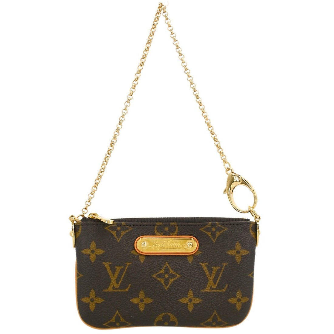 Louis Vuitton Pochette Milla PM Monogram Canvas Chain Handbag M60095: Louis Vuitton Pochette Milla PM Monogram Canvas Chain Handbag M60095 Louis Vuitton Pochette Milla PM handbag in brown Monogram canvas and leather with a zip closure, logo accents, and chain strap. Thi