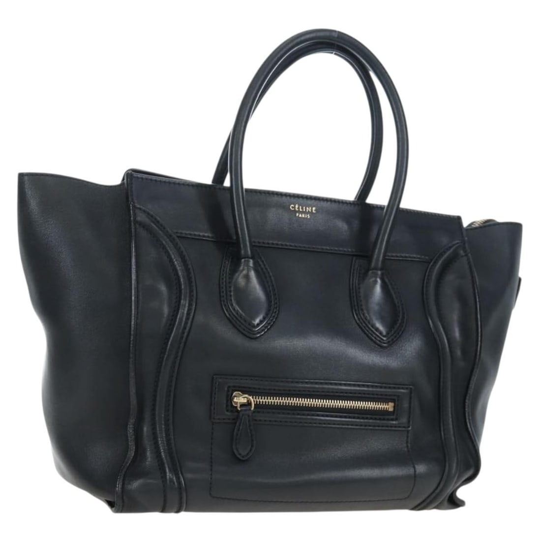 CELINE Luggage leather handbag black with gold tone Italy: CELINE Luggage leather handbag black with gold tone Italy Celine Luggage handbag in black leather with gold-tone accents. Made in Italy, this women's handbag includes a dust bag. Condition is B with r