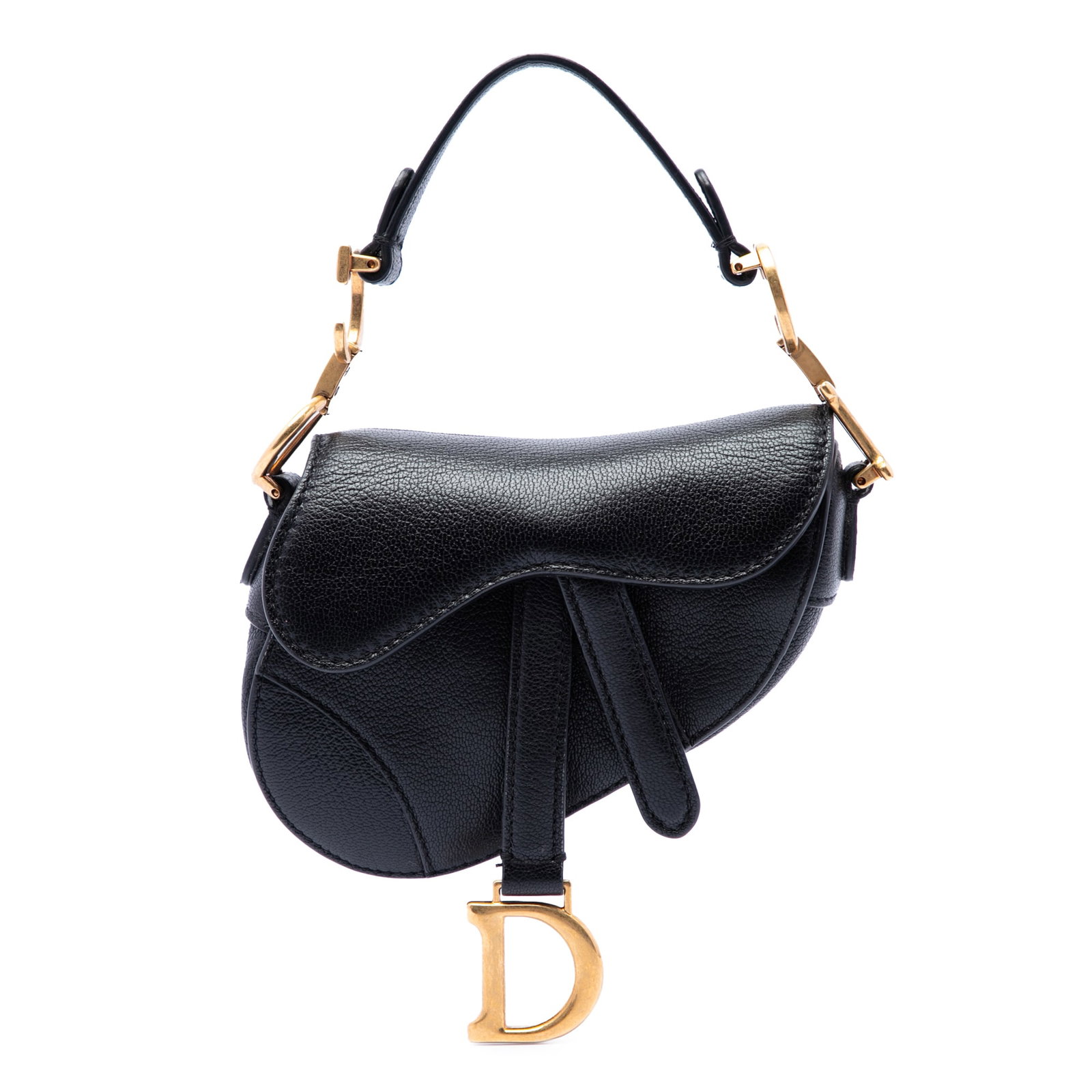 Dior Saddle Micro Bag in Black Goatskin Leather: Dior Saddle Micro Bag in Black Goatskin Leather Dior Micro Saddle Bag crafted in black goatskin leather with the signature Saddle silhouette. It features a flat leather strap with CD hardware, a front