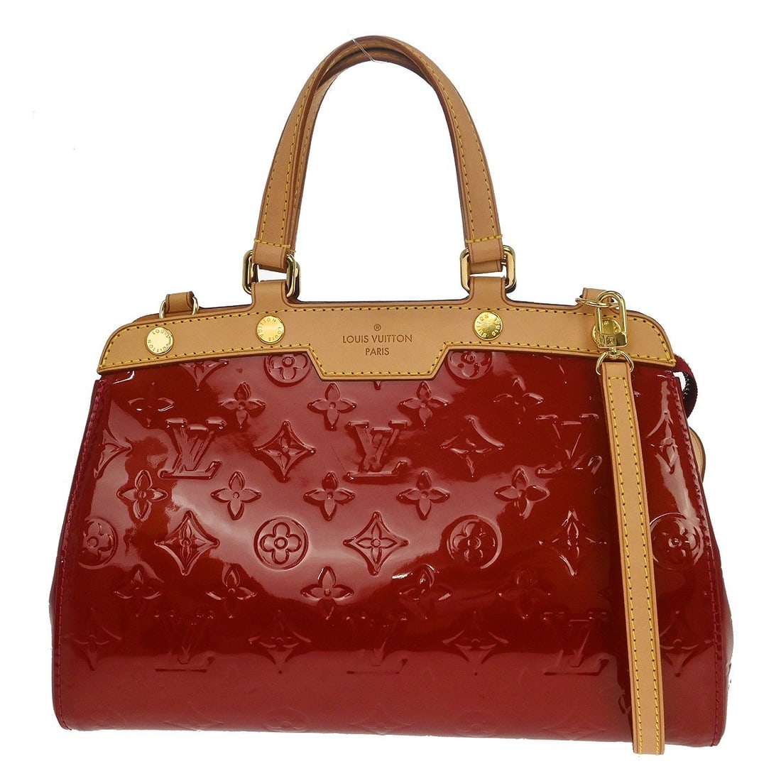 Louis Vuitton Brea PM red Vernis monogram handbag M91623: Louis Vuitton Brea PM red Vernis monogram handbag M91623 Vintage Louis Vuitton Monogram Vernis Brea PM handbag in red patent leather with beige leather double handles and a zip closure. This small han