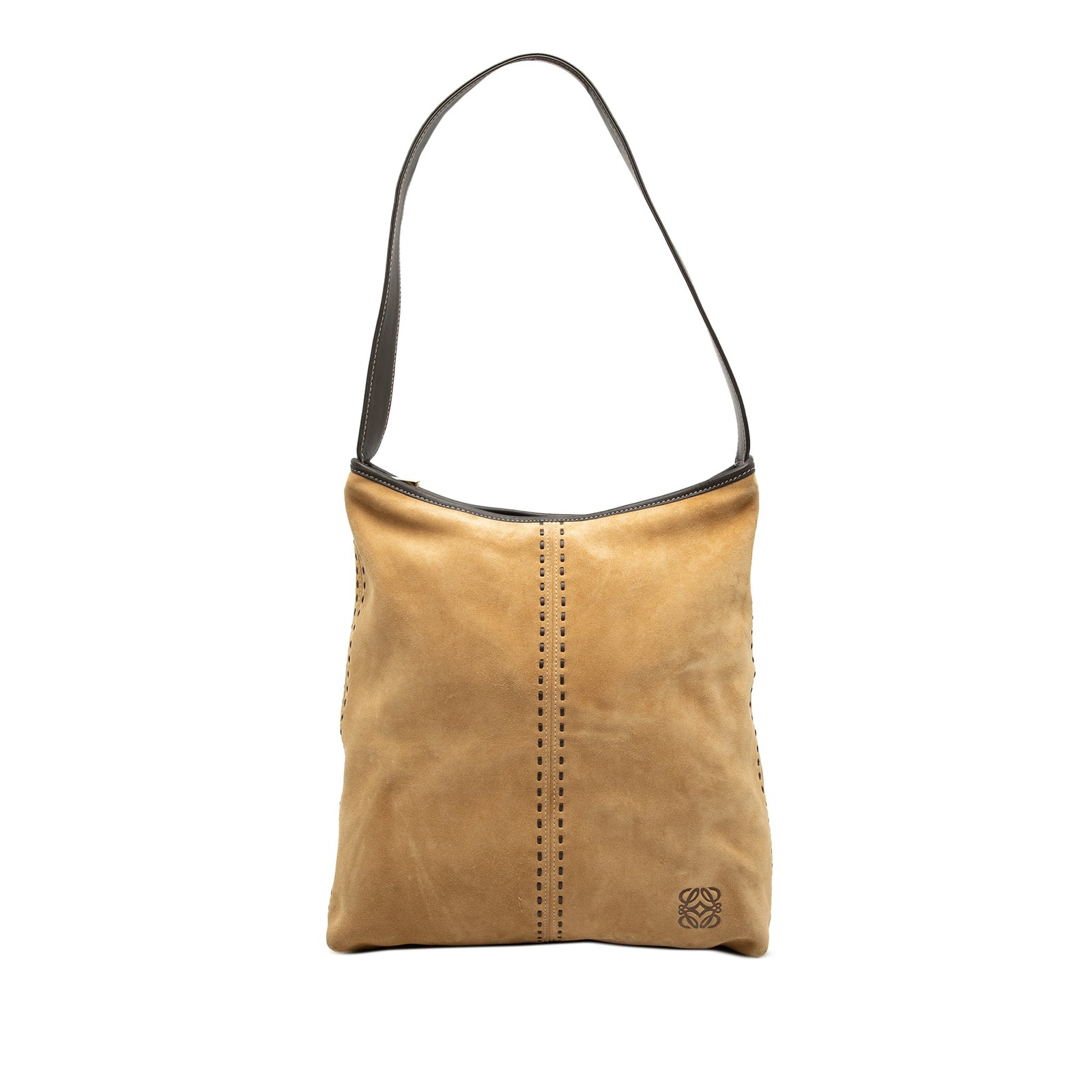 LOEWE suede leather shoulder bag with zip pouch: LOEWE suede leather shoulder bag with zip pouch This LOEWE Suede Anagram Shoulder Bag is crafted from brown suede leather and features a flat leather shoulder strap and a top zip closure. The design i