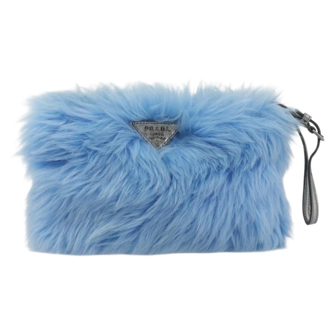 Prada Clutch Blue Fur Handbag Made in Italy: Prada Clutch Blue Fur Handbag Made in Italy Prada clutch in blue fur with leather trim. This piece is in excellent overall condition, showing only light signs of wear consistent with careful use. The 