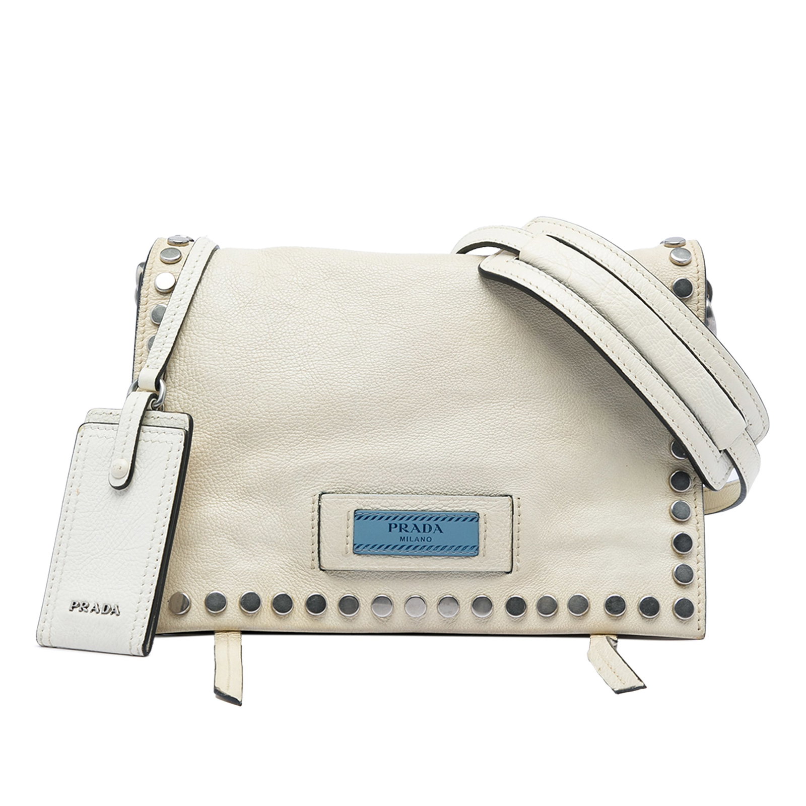 Prada Etiquette Flap Studded Glace Calfskin Leather Shoulder Bag: Prada Etiquette Flap Studded Glace Calfskin Leather Shoulder Bag Prada Etiquette Flap bag in white glace calfskin with studded detailing. This flap-style bag features an adjustable and detachable flat