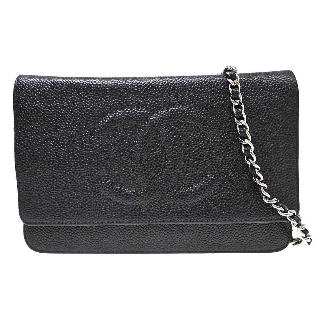 CHANEL Timeless WOC black caviar leather wallet shoulder bag: CHANEL Timeless WOC black caviar leather wallet shoulder bag Chanel Timeless WOC wallet on chain shoulder bag in black Caviar Skin Leather. This folding women's wallet features an outside pocket and a