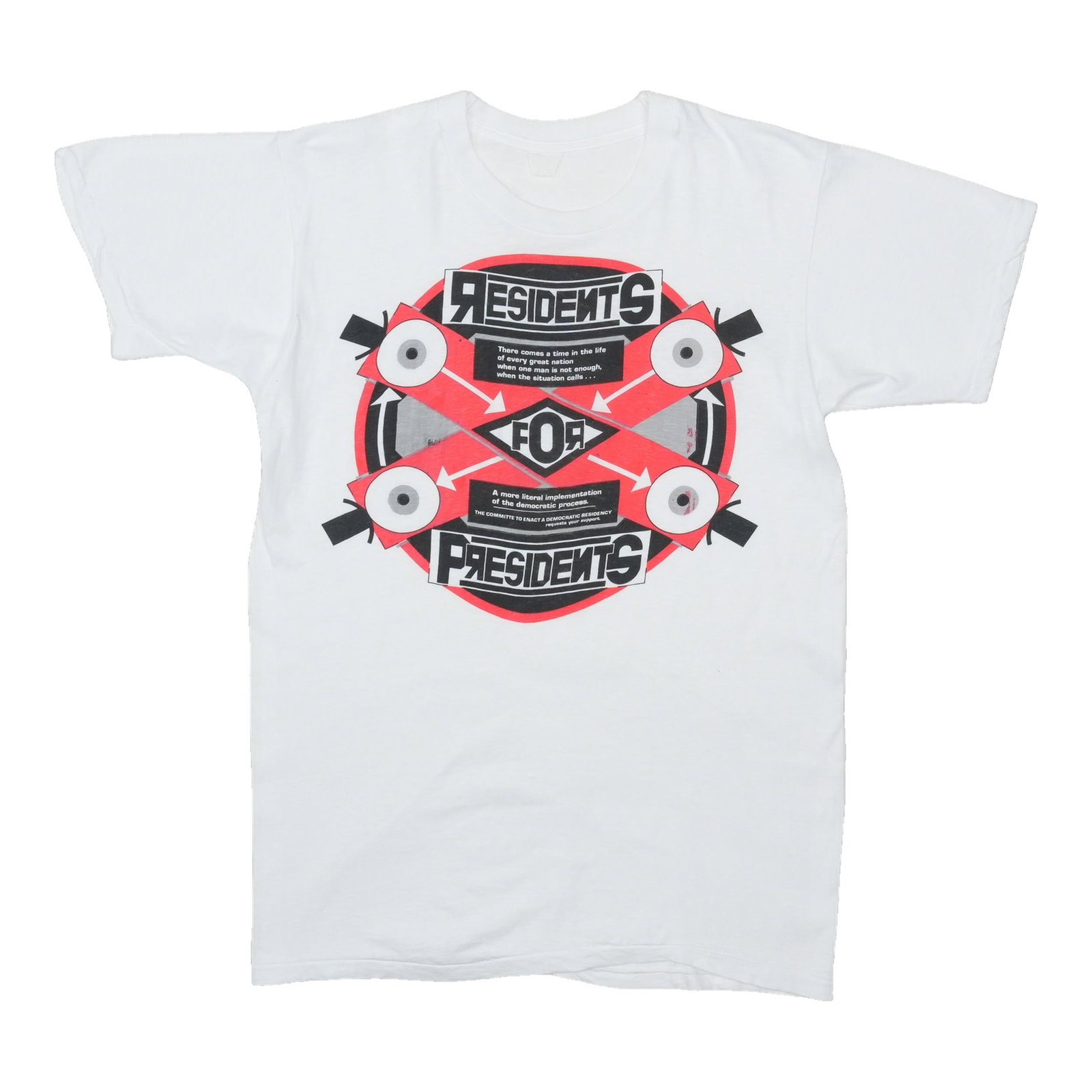 White 1990s The Residents For Presidents Cotton Shirt: White 1990s The Residents For Presidents Cotton Shirt Original vintage 1990s The Residents For Presidents shirt in white. This is a true vintage shirt, not a modern reproduction. It is in excellent co