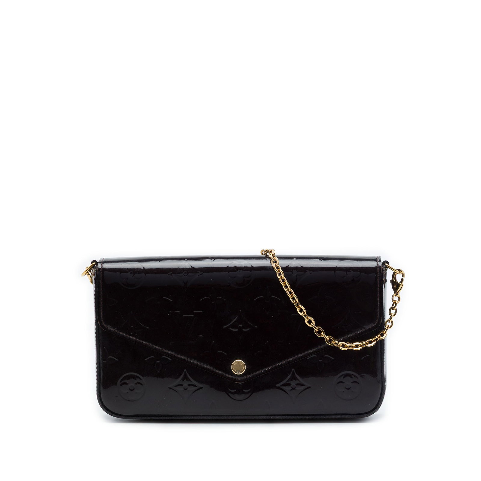 Louis Vuitton Pochette Felicie Monogram Vernis Purple Leather Bag: Louis Vuitton Pochette Felicie Monogram Vernis Purple Leather Bag Louis Vuitton Monogram Vernis Pochette Felicie in purple leather with a detachable gold-tone chain strap, top flap with snap button cl