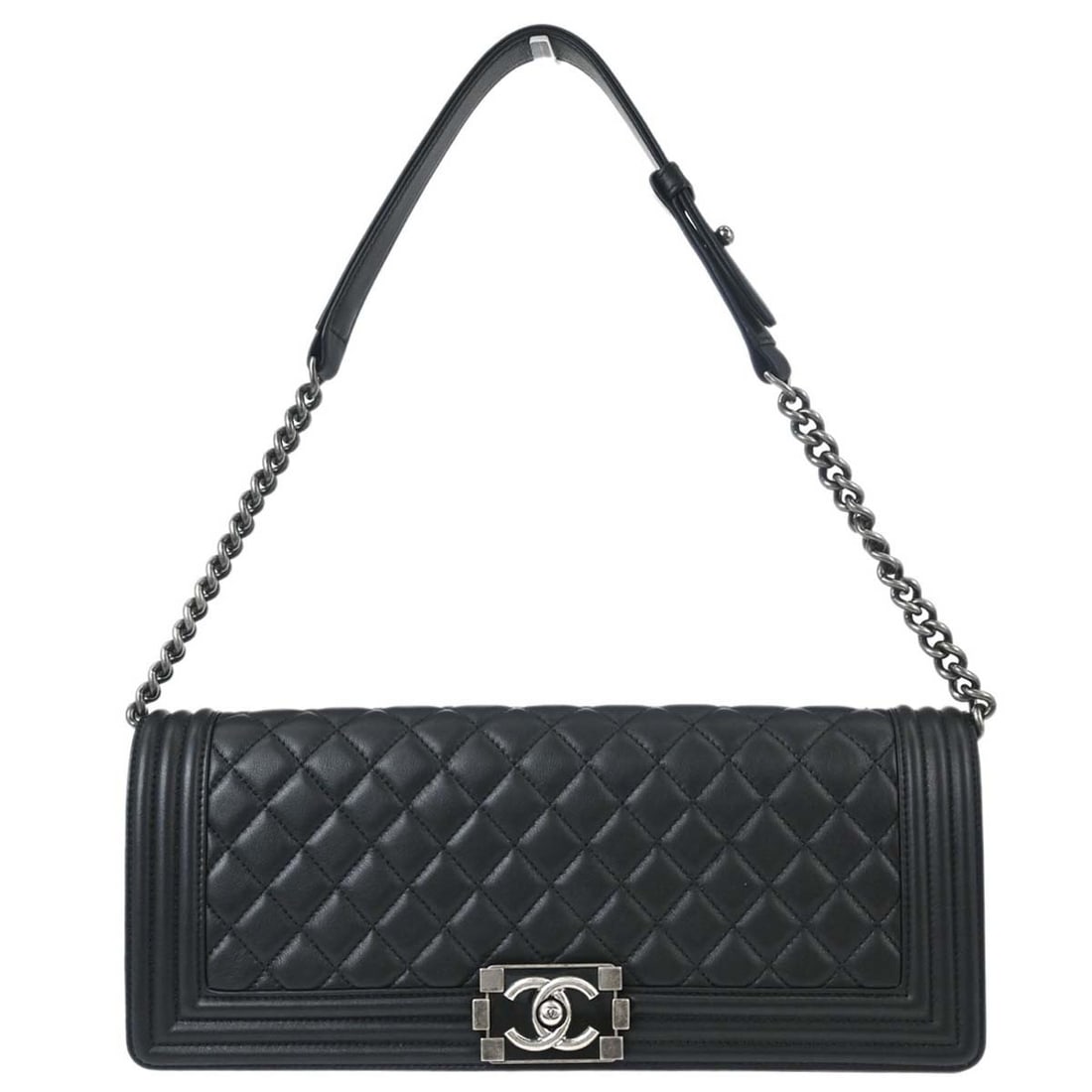 CHANEL Boy Flap Handbag Black Lambskin Leather Top Handle: CHANEL Boy Flap Handbag Black Lambskin Leather Top Handle Black Boy Chanel handbag in lambskin leather with a matelasse quilted exterior, flap turnlock closure, leather lining, inner pockets, and a to