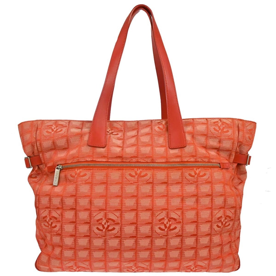 CHANEL Travel Line Tote Bag Red Jacquard Nylon Double Handle: CHANEL Travel Line Tote Bag Red Jacquard Nylon Double Handle Chanel Travel Line tote handbag in jacquard nylon with a matelasse pattern and logo quilted accents. This medium tote features double handl