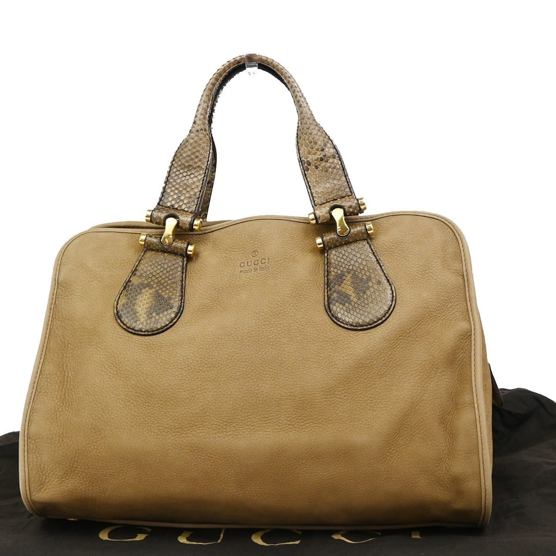 Gucci Twice Satchel Brown Suede and Python Handbag for Women: Gucci Twice Satchel Brown Suede and Python Handbag for Women This Gucci Twice Satchel is crafted from brown suede with python accents, designed for women. The bag features a spacious interior and show