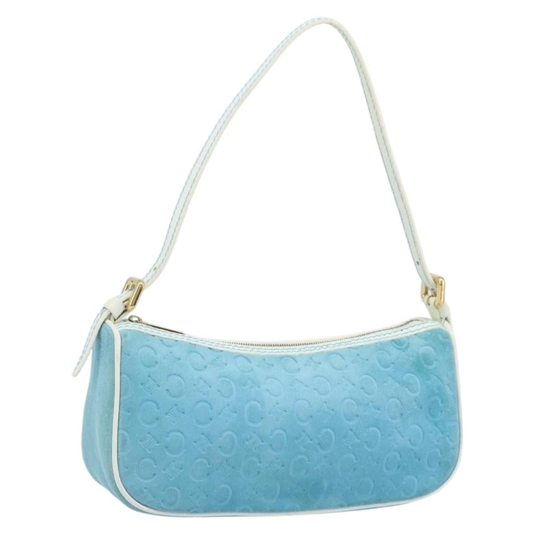 Celine Macadam Canvas and Suede Light Blue Gold Accessory Pouch with Dust Bag: Celine Macadam Canvas and Suede Light Blue Gold Accessory Pouch with Dust Bag This CELINE C Macadam accessory pouch features a combination of light blue suede and the signature C Macadam canvas. Desig
