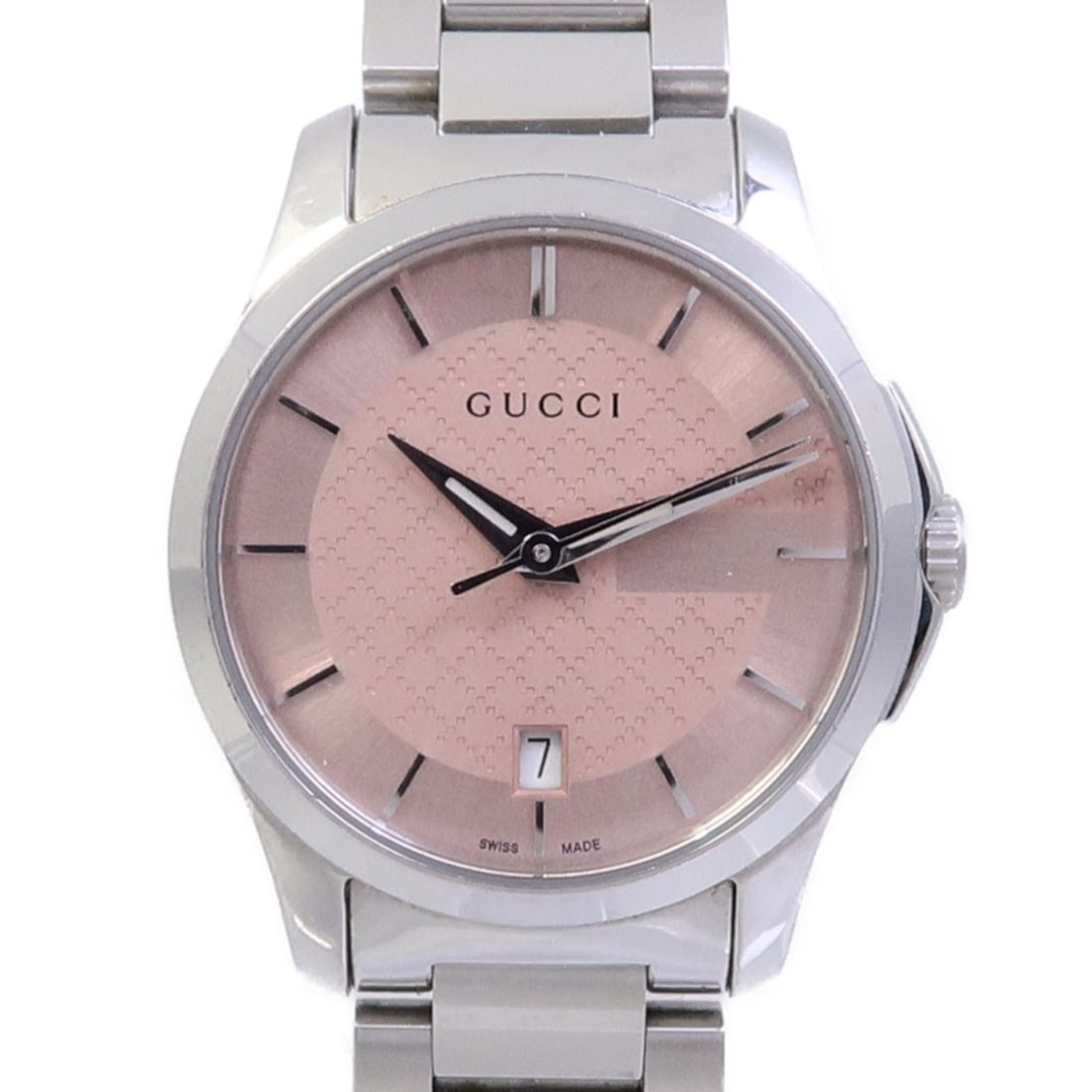 Ladies GUCCI G-Timeless 126.5 Pink Stainless Quartz Wristwatch: Ladies GUCCI G-Timeless 126.5 Pink Stainless Quartz Wristwatch GUCCI GG G-Timeless Quartz Watch, model 126.5, designed for ladies. It features a pink stainless steel construction with quartz movement 