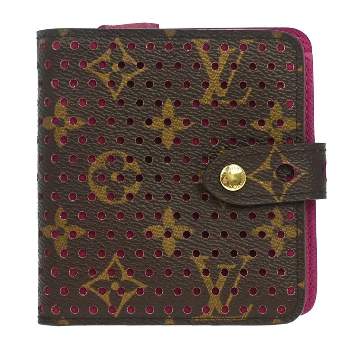Louis Vuitton M95188 Monogram Perfo Compact Zip Wallet Brown Canvas: Louis Vuitton M95188 Monogram Perfo Compact Zip Wallet Brown Canvas Compact Louis Vuitton Monogram Perfo zip wallet in brown and fuchsia monogram perfo canvas with leather trim and logo accents. This 
