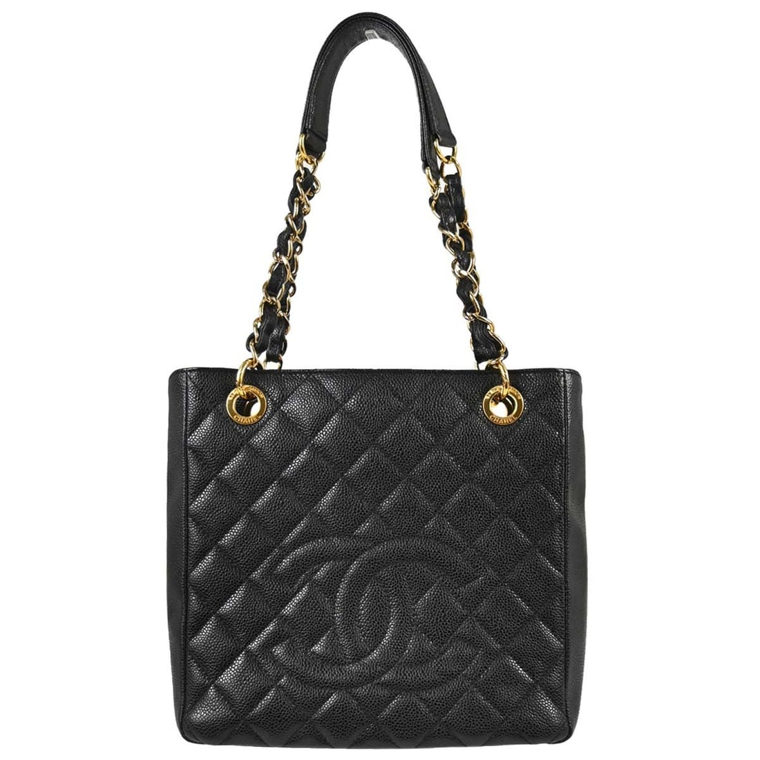 CHANEL Petite Shopping Tote black caviar leather quilted chain bag: CHANEL Petite Shopping Tote black caviar leather quilted chain bag Chanel Petite Shopping Tote PST chain handbag in black caviar skin leather with a quilted design and magnetic closure. This medium to